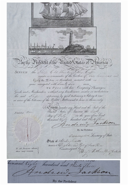 Andrew Jackson Signed Ships Papers as President